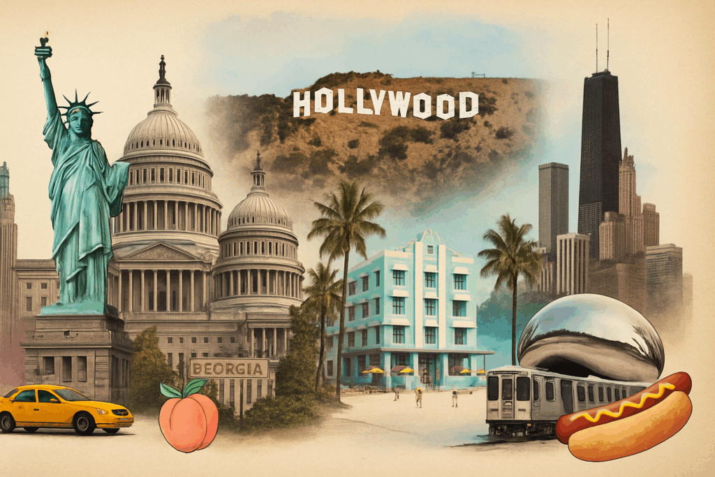 Collageof famous landmarks in NY, MIM, LA, CHI and ATL
